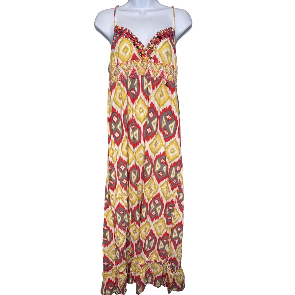 Lady Dutch High Society Womens Red Yellow Ikat Beaded Maxi Dress Sz M Resortwear